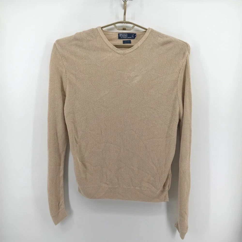VTG Polo Ralph Lauren Mens XXL Beige 100% Silk V-Neck Sweater Italian Yarn Tan